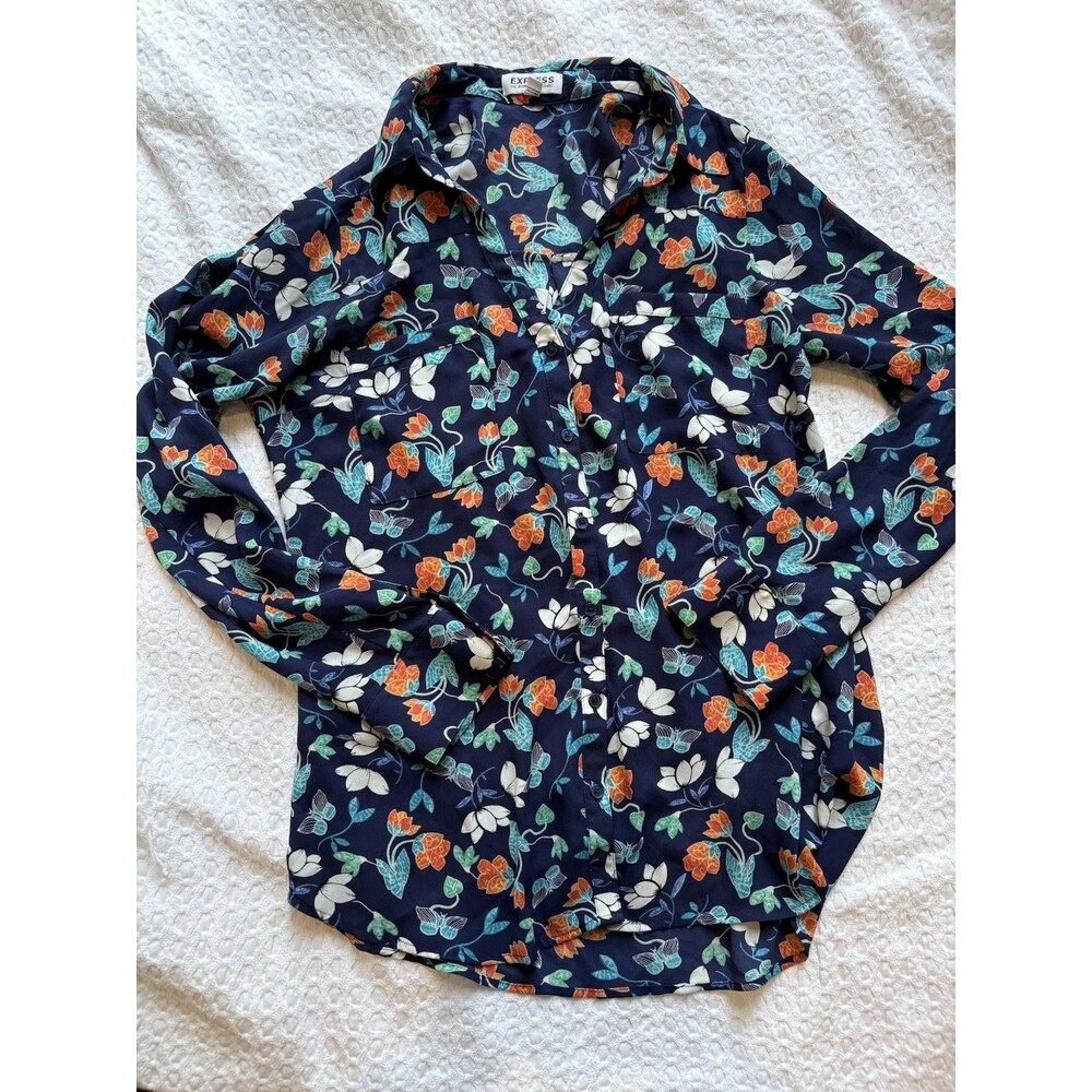 Express Women’s Medium Blue And Orange Floral Blouse Long Sleeve